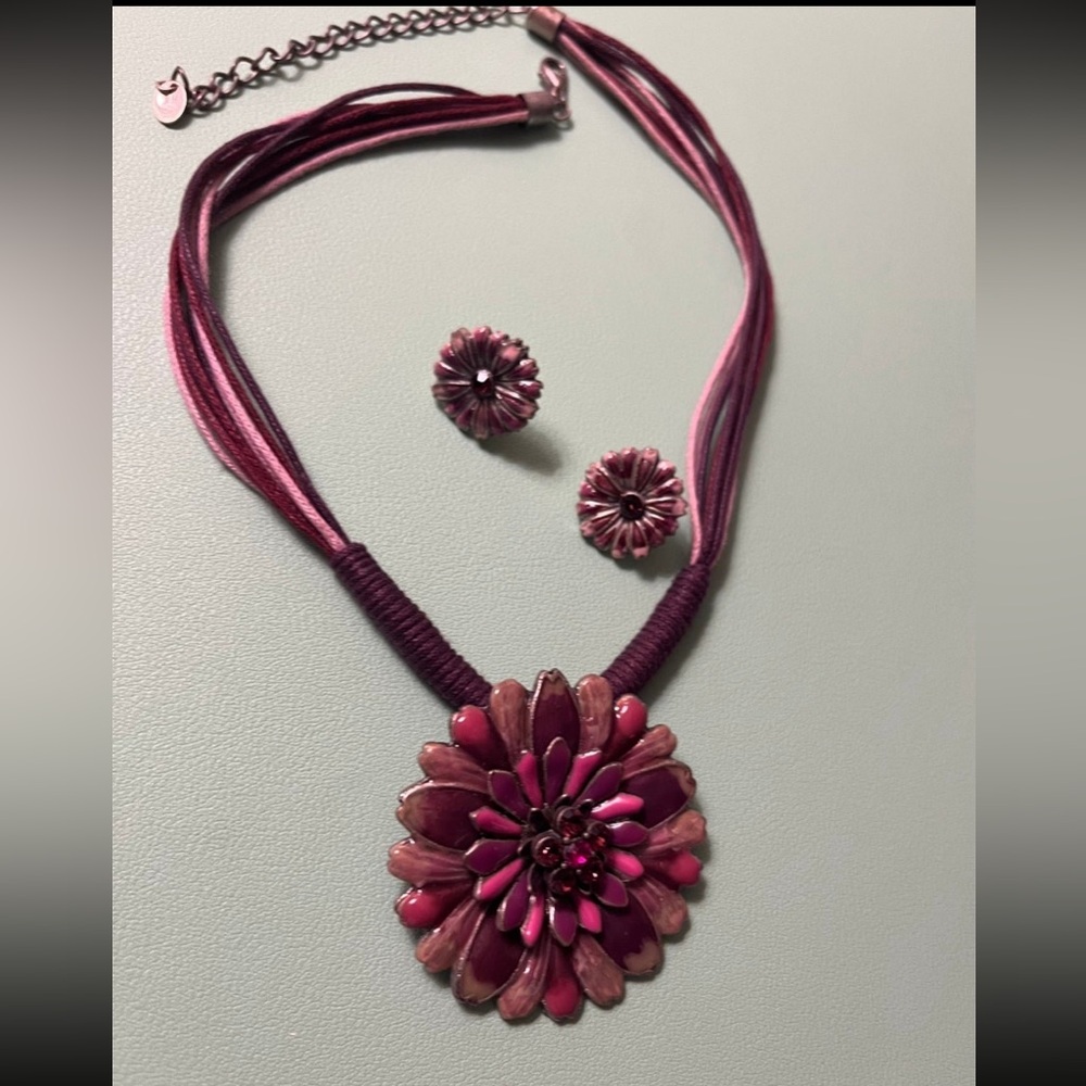 Matching Purple Floral Necklace and Earrings Set